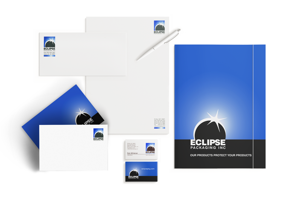Graphic Design for Folder, Letterhead, Envelope, Notecard and Business Cards for Eclipse Packaging Inc