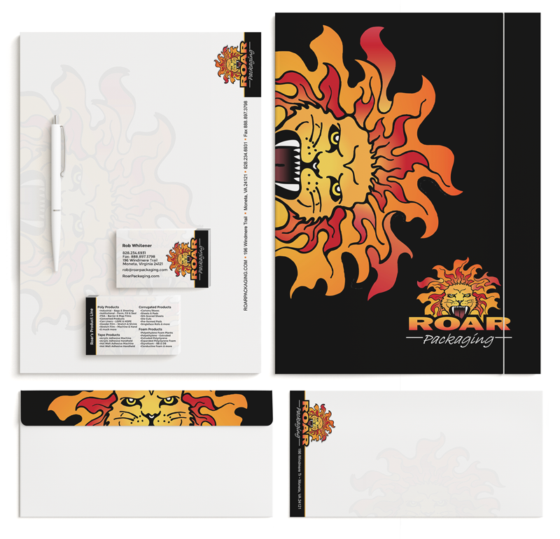 Graphic Design for Folder, Letterhead, Envelope and Business Cards for Roar Packaging