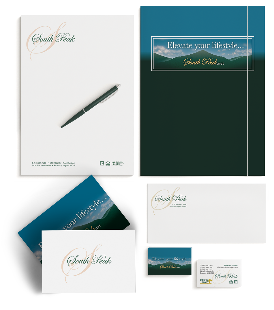 Graphic Design of Folder, Letterhead, Envelope, Notecards, Business Cards for South Peak