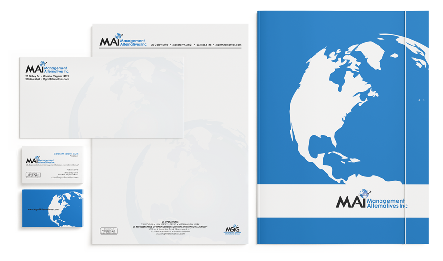 Graphic Design of Folder, Letterhead, Envelope and Business Cards for Management Alternatives